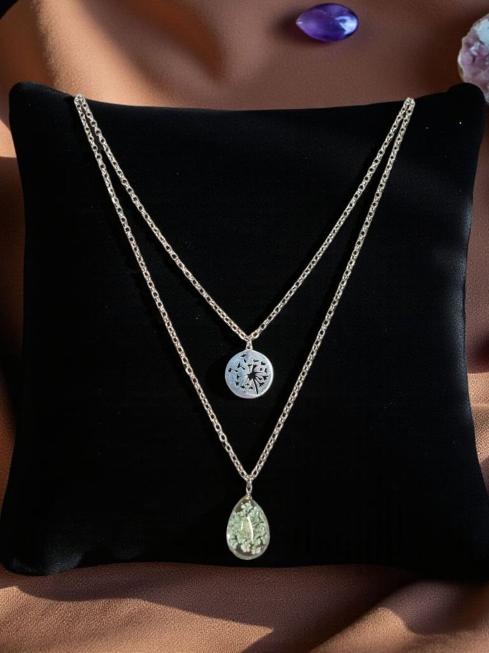 Real Flower Resin Necklace Layered Silver Dandelion Pendant Botanical Jewelry